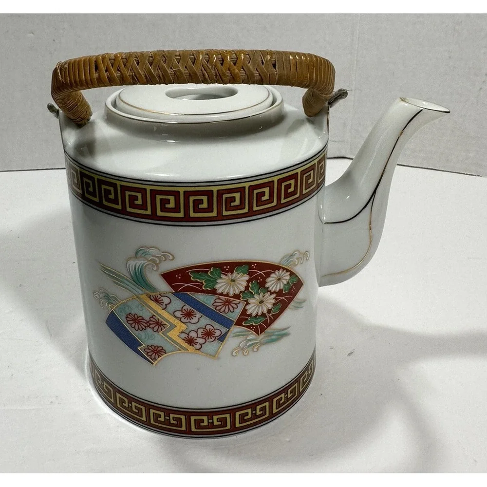 Vintage Japanese Teapot Tea Hand Painted‎ Ceramic with Rattan Handle